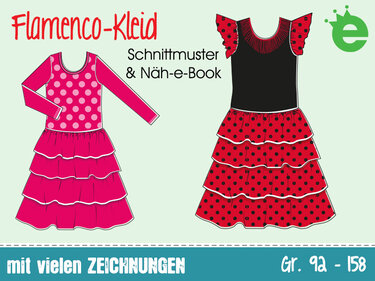 Zwei Illustrationen eines Kinder‑Flamenco‑Kleids mit gestuften Volants, gepunkteten Stoffmustern und dem Schriftzug 'Schnittmuster & Näh‑e‑Book', Gr. 92–158.