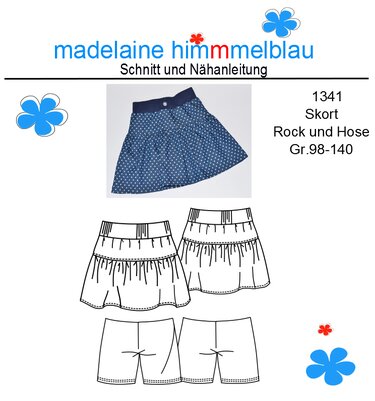 Schnittmuster-Cover mit blauem, gepunktetem Skort, technische Zeichnungen von gestuftem Rock und kurzer Hose, Größenangabe 98–140