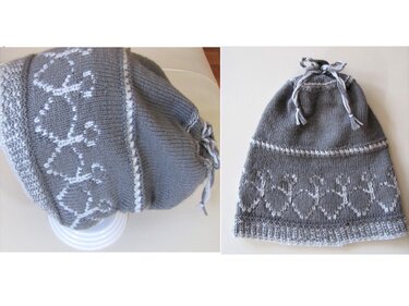 Strickmütze Baby/Kind grau mit weißem Anker-Muster und Kordelzug