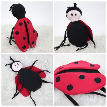 Rotes Marienkäfer-Kuscheltier aus Stoff mit schwarzen Punkten und aufklappbaren Flügeln, gezeigt aus mehreren Perspektiven auf hellem Untergrund.
