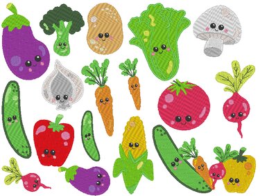 Bunte Stickmotive von Gemüse mit freundlichen Gesichtern: Aubergine, Brokkoli, Kartoffel, Salat, Pilz, Knoblauch, Karotte, Tomate, Gurke, Radieschen, Paprika und Mais.
