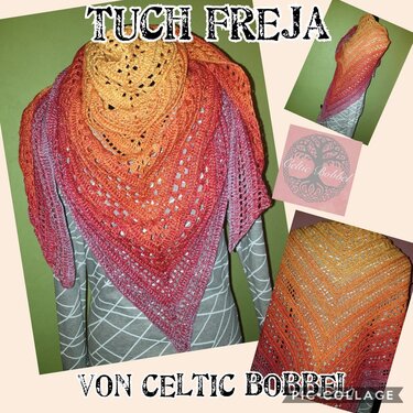 Gehäkeltes Dreieckstuch in Gelb-Orange-Rosa mit Ajourmuster auf Schaufensterpuppe