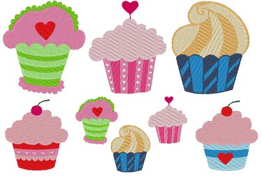 Zusammenstellung dekorativer Cupcake-Stickmotive mit bunten Farben und Elementen wie Herzen, Streifen und Punkten.
