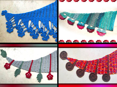 Vier gehäkelte Dreieckstücher in Blau, Türkis, Grau und Rot-Orange mit unterschiedlichen Bordüren wie Blumen, Blättern, Fransen und Spiralen.