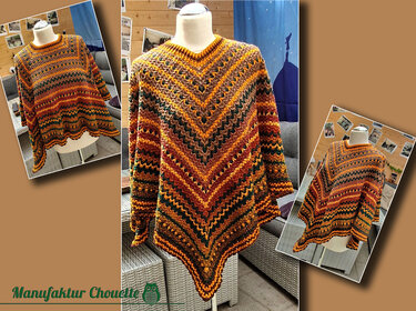 Gehäkelter Poncho-Pullover auf Schaufensterpuppe mit Zickzackmuster in Orange, Braun und Grün