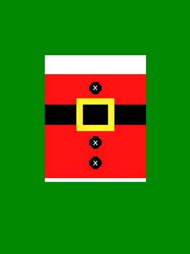 Pixel-Weihnachtsmannanzug in Rot mit schwarzem Gürtel, gelber Schnalle und drei Knöpfen auf grünem Hintergrund.