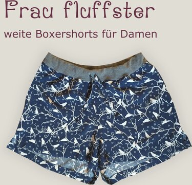 Dunkelblaue Damen-Boxershorts mit weißem Vogel- und Astmuster, grauer Bund und Kordelzug