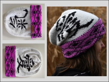Gestrickte weiße Slouch-Mütze mit lila Umschlag und schwarzem grafischem Motiv, Collage mit getragenem und flach liegendem Blick
