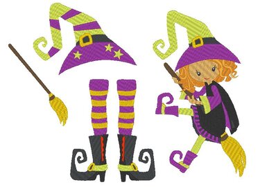 Modulares Stickmotiv: Hexenhut, Besen, gestreifte Strümpfe, Stiefel und Hexe in Bewegung