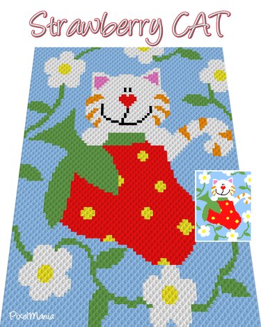 Pixelhäkelmotiv weiße Katze mit roter Erdbeere und weißen Blumen auf blauem Hintergrund