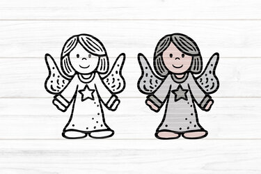 Zwei Engelillustrationen nebeneinander: links schwarz-weiße Umrisszeichnung, rechts farbige Version mit grauen Haaren und rosa Akzenten, beide mit Stern auf dem Kleid und gepunkteten Flügeln.