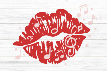 Roter Kussmund mit Musiknoten und Violinschlüssel auf weißer Holzmaserung