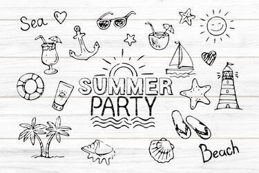 Schwarz-weiße Handzeichnungen mit 'SUMMER PARTY'-Schriftzug und Strand-Icons wie Anker, Palme, Muschel, Leuchtturm und Flipflops