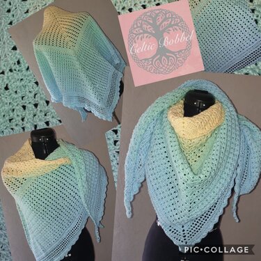 Gehäkeltes Dreieckstuch Pastell Gelb‑Mint‑Hellblau auf Schneiderpuppe, Collage mit Detailaufnahme