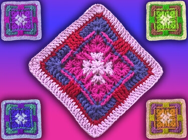 Gehäkeltes Granny Square mit Rautenmuster in Pink, Rot und Blau, umgeben von vier kleineren Quadraten
