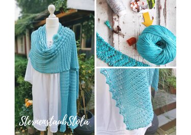 Türkise Stola auf Schaufensterpuppe, Garnknäuel und Detailaufnahme