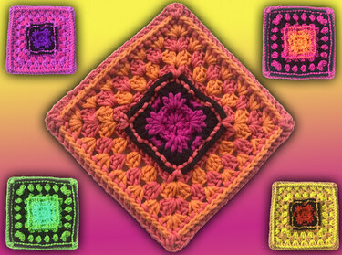 Gehäkelte bunte Quadrate mit sternförmiger Mitte und kontrastierenden Rändern