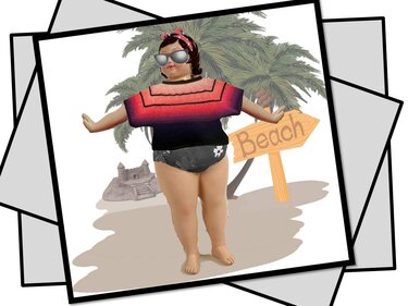 Weibliche Figur mit gestreiftem Häkeltop, Sonnenbrille und Kopftuch vor Palme und Holzschild 'Beach'.