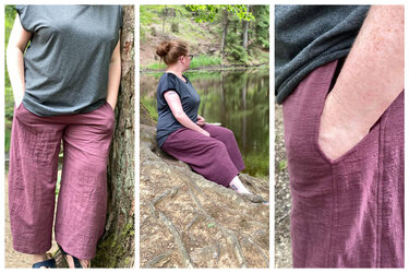 Woman wearing plum cropped wide-leg pants with side pockets and a gray T-shirt