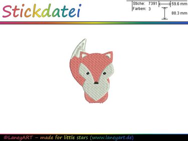 Niedlicher gestickter Fuchskopf in drei Farben, Maße ca. 59,6 × 88,3 mm