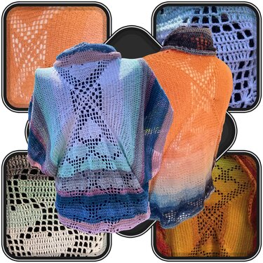 Zwei gehäkelte Damen-Seelenwärmer in Pastellblau und Orange mit zentralem Filetspitzen-Motiv und Farbverlauf, Rückansicht