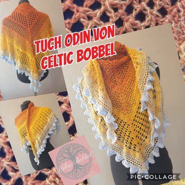 Gehäkeltes Dreieckstuch in Orange-Gelb mit hellblauer Muschelkante auf Schneiderpuppe