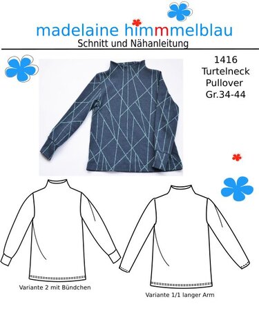 Dunkelblauer Damen-Rollkragenpullover mit geometrischem Linienmuster und technische Schnittzeichnungen.