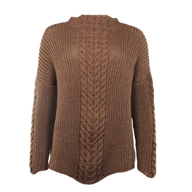 Brauner, grob gestrickter Damenpullover mit mittigem Zopfmuster und Stehkragen