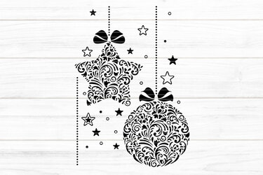 Schwarze, filigrane Weihnachtskugel und Stern mit Schleifen und punktierter Aufhängung