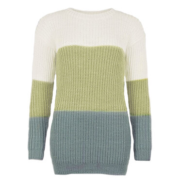 Damenpullover mit langen Ärmeln und Rundhalsausschnitt, horizontal gestreift in Weiß, Lindgrün und Graublau.