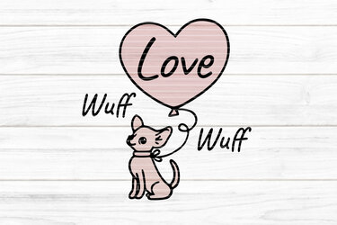 Kleiner Hund mit rosafarbenem Herzballon 'Love' und Schriftzug 'Wuff Wuff'.