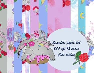 Cute Rabbits, Hares, Flowers, Roses, Digital Paper - Crafts