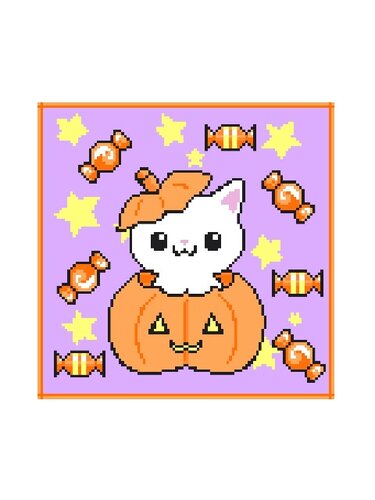 Pixelbild einer weißen Katze in einem geschnitzten orangefarbenen Kürbis, Sterne und Süßigkeiten auf lila Hintergrund.