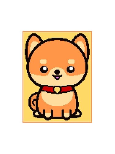 Orangefarbener Pixelhund mit rotem Halsband auf gelbem Quadrat.
