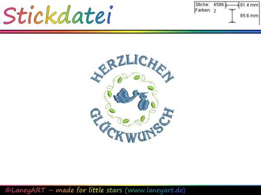 Stickdatei "Herzlichen Glückwunsch - Storch (Blau)" - Sticken
