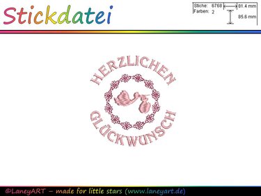 Stickdatei "Herzlichen Glückwunsch - Storch (Rosa)" - Sticken