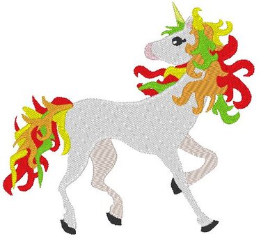 Gesticktes weißes Einhorn mit gelbem Horn und mehrfarbiger Mähne