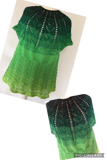 Grün gestricktes Damenoberteil mit Farbverlauf und Spitzenmuster