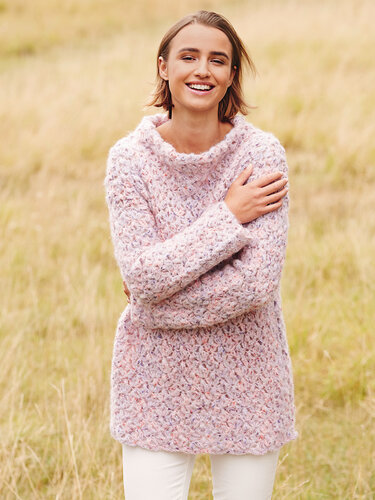 Häkelanleitung: Melierter Pulli in Rosa und Lila mit Stehkragen