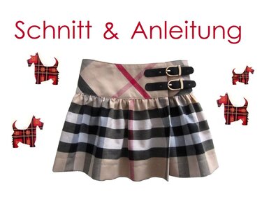 Karierter Kinderrock mit zwei schwarzen Schnallen am Bund, flankiert von Terrier‑Silhouetten und rotem Schriftzug 'Schnitt & Anleitung'.