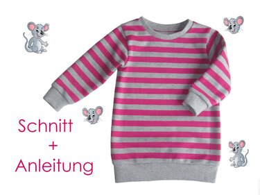 Pink-grau gestreifter Kinderpullover mit Bündchen, Rundhalsausschnitt und dem Schriftzug "Schnitt + Anleitung" sowie kleinen Mäuse-Illustrationen.