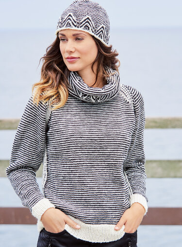 Strickanleitung: Set aus Mütze, Loop und Pulli im Zackenmuster