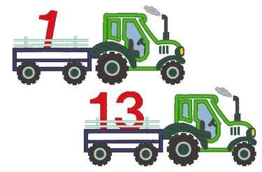 Zwei gestickte grüne Traktoren mit Anhängern und roten Zahlen 1 und 13