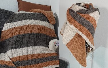 Gestrickte Decke und Dreieckstuch mit Streifen in Cremeweiß, Rostbraun und Dunkelgrau