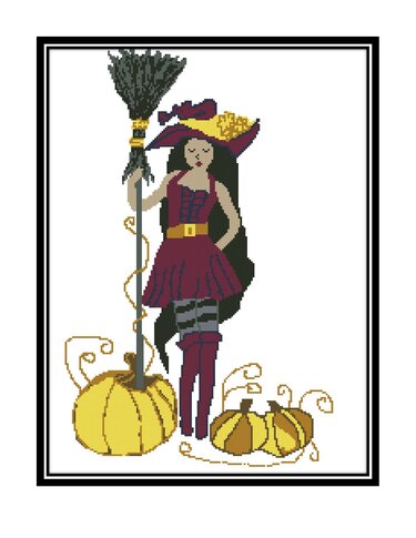 Girl with pumpkins Halloween cross stitch pattern - Embroidery