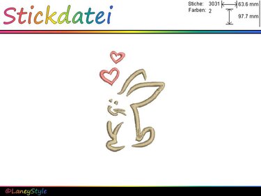 Digitale Stickdatei eines stilisierten Kaninchens mit zwei Herzen, in 2 Farben. Maße: ca. 63,6 × 97,7 mm, 3031 Stiche.
