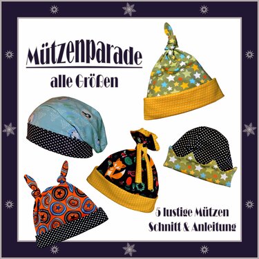 Fünf bunte Baby- und Kindermützen mit Stern-, Fuchs- und Punktmustern in verschiedenen Formen