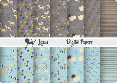 12 digitale Papiere mit Kindermotiven auf grauem und hellblauem Hintergrund: Pferde, Löwen, Dreiecke, Blumen, Wolken, Kreise und Streifen.