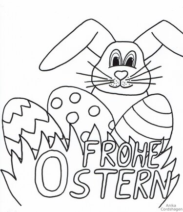 Niedlicher Osterhase mit Ostereiern - Ausmalbild - Basteln