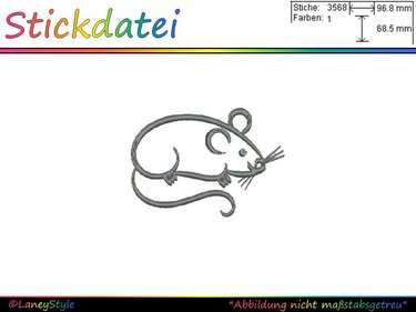 Einfarbiges Umriss-Stickmotiv einer Maus in Grau auf weißem Hintergrund.